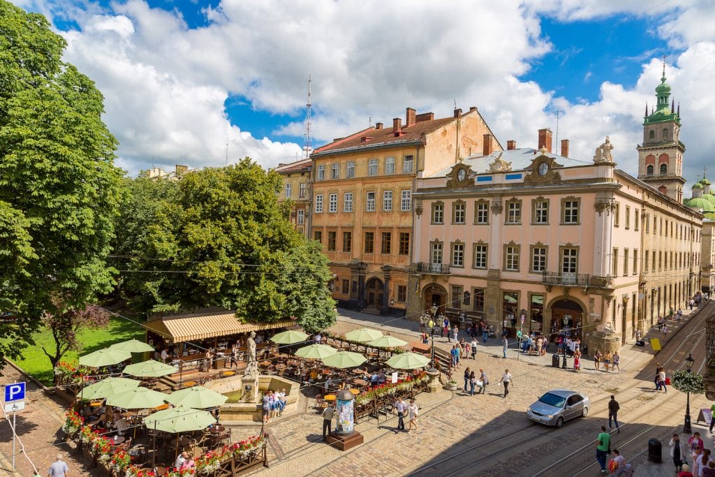 LVOV, UKRAINE - MAY 11: Market square - historical and tourist centre of the town on May 11, 2014 in Lviv, Ukraine. 