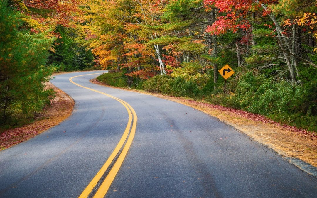 Road Trip through road curves through colorful autumn trees in New England