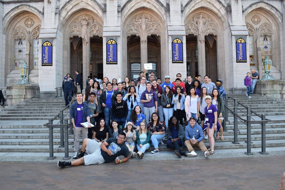 University of Washington Dream Project: Photo of college students standing in front of the main building.