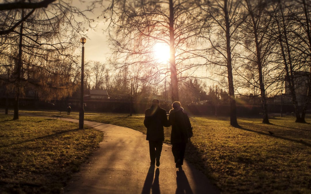 Two elderly people walking in a park in the sunset